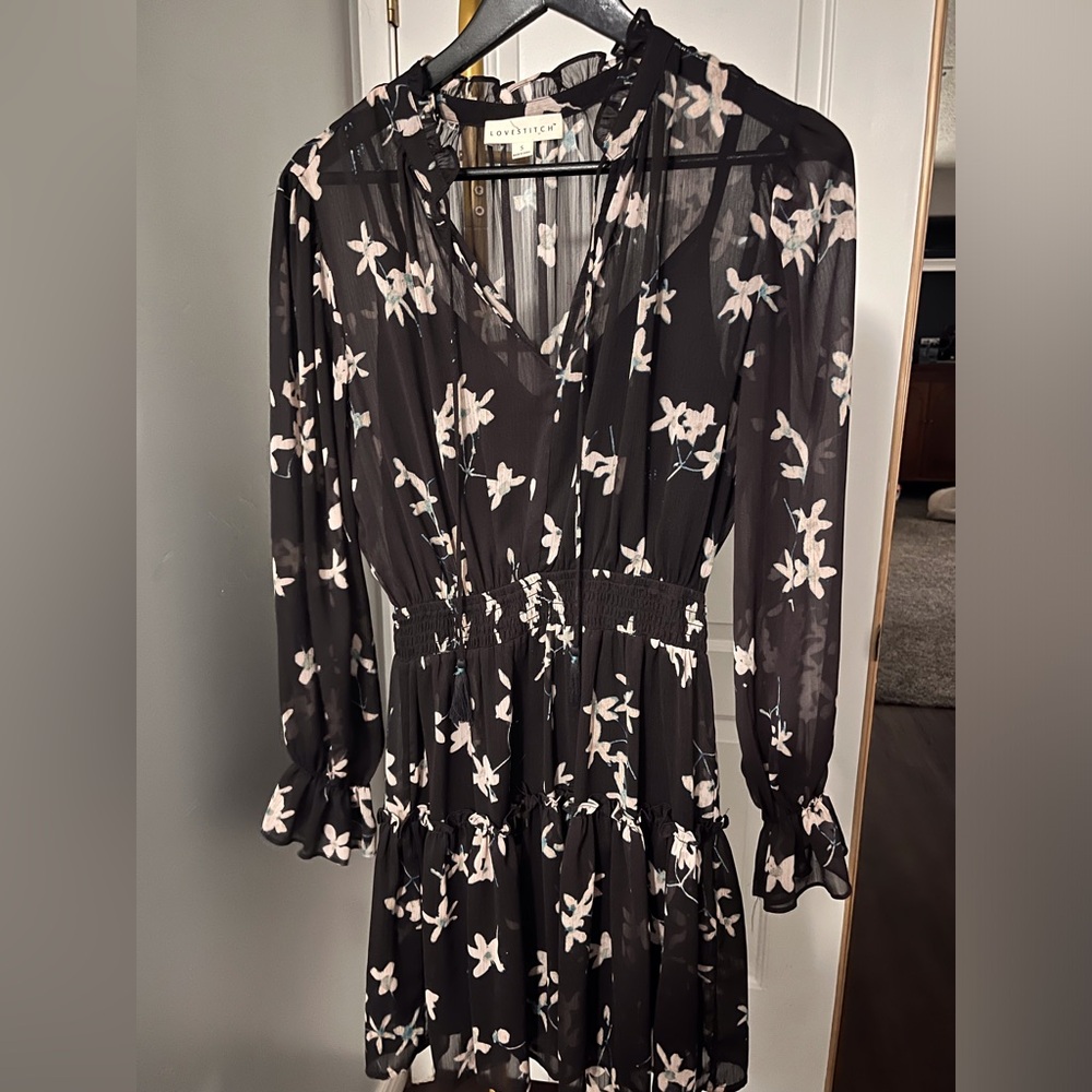 lovestitch Black Mini Dress with Pale Pink Floral Print